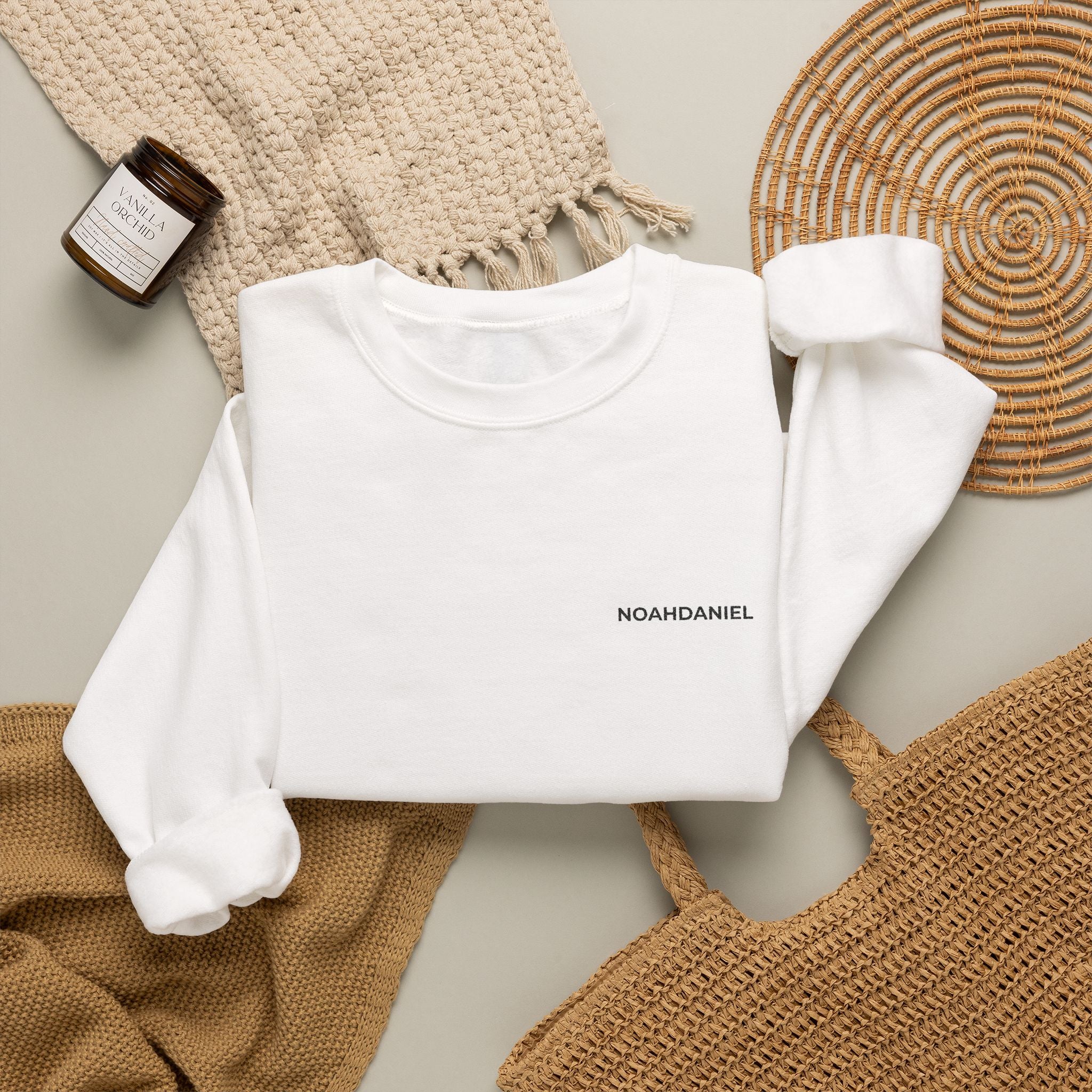 Minimalist White Crewneck Sweatshirt — Tiny 'NOTHINGHAPPENS.' Chest Print